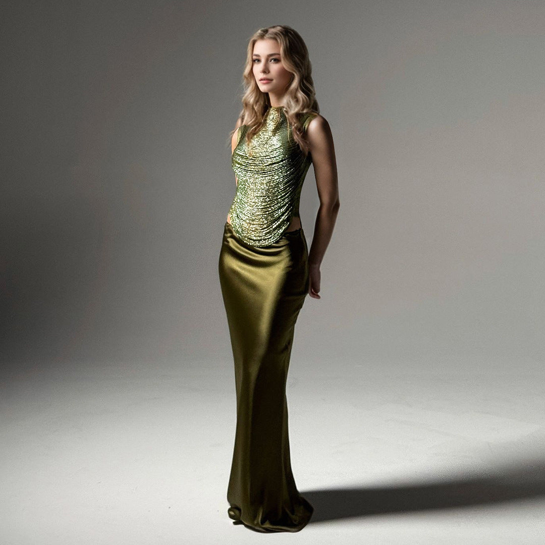Elegant Sleeveless Satin Skirt Set for Parties and Weddings