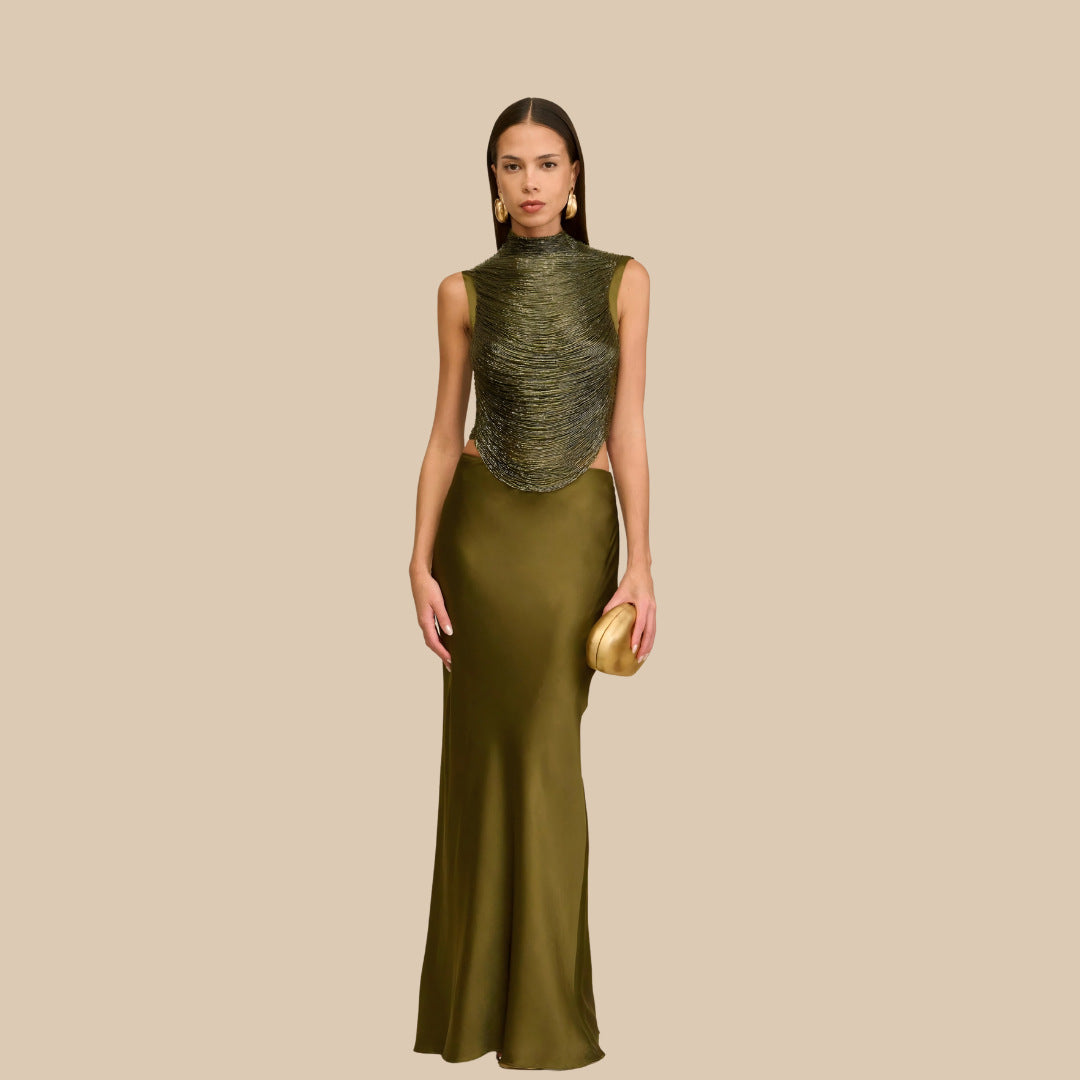 Elegant Sleeveless Satin Skirt Set for Parties and Weddings