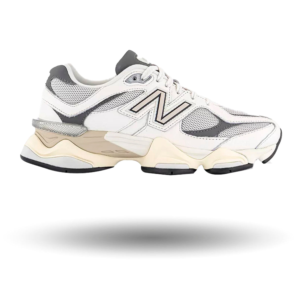 White and gray sneaker with New Balance logo on a white background