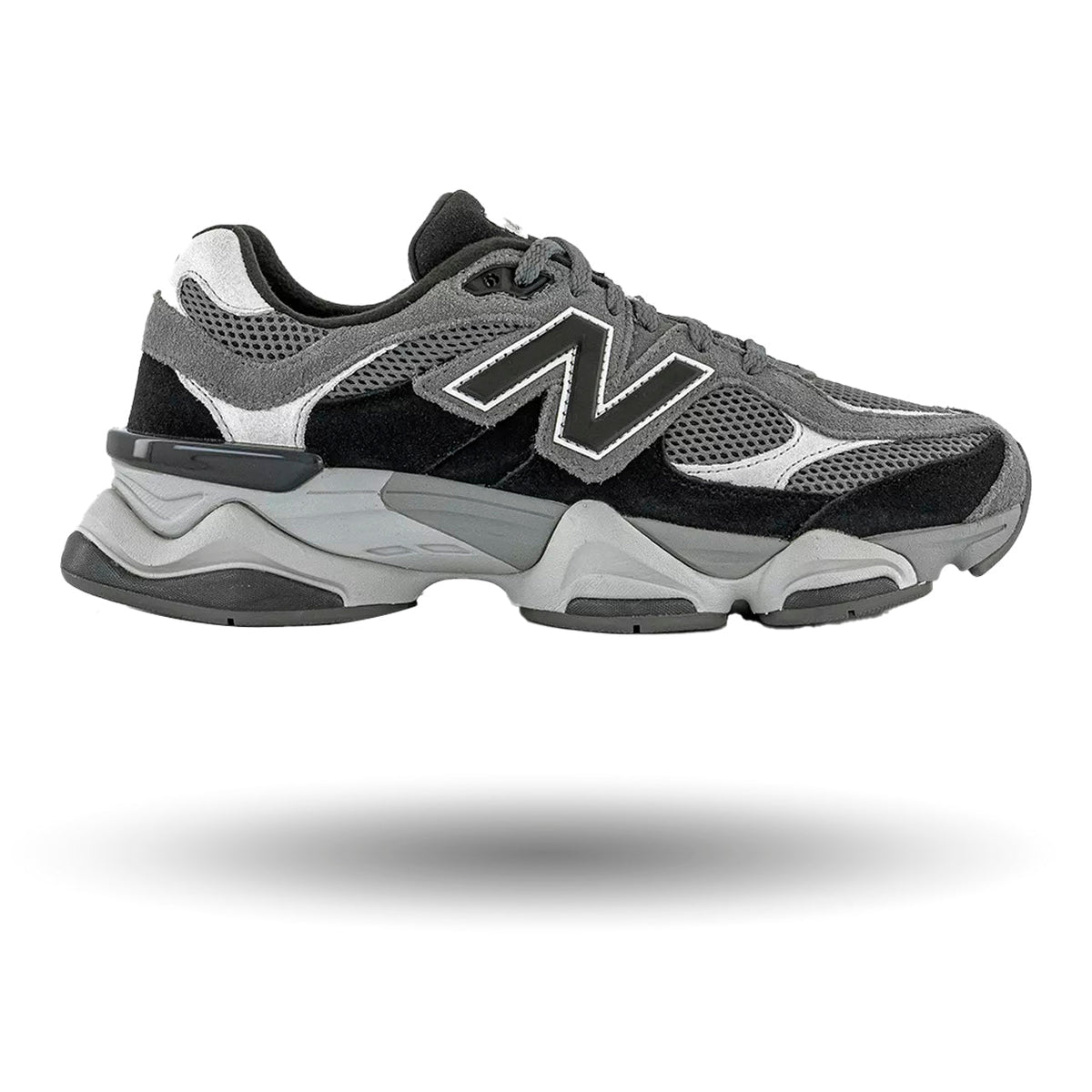 Gray and black sneaker with New Balance logo on a white background