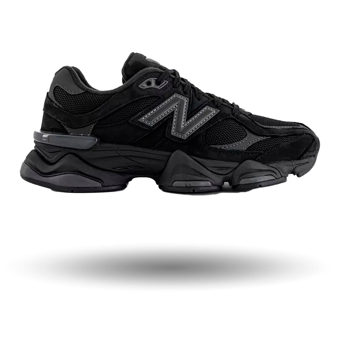 Black sneaker with a prominent brand logo on a white background