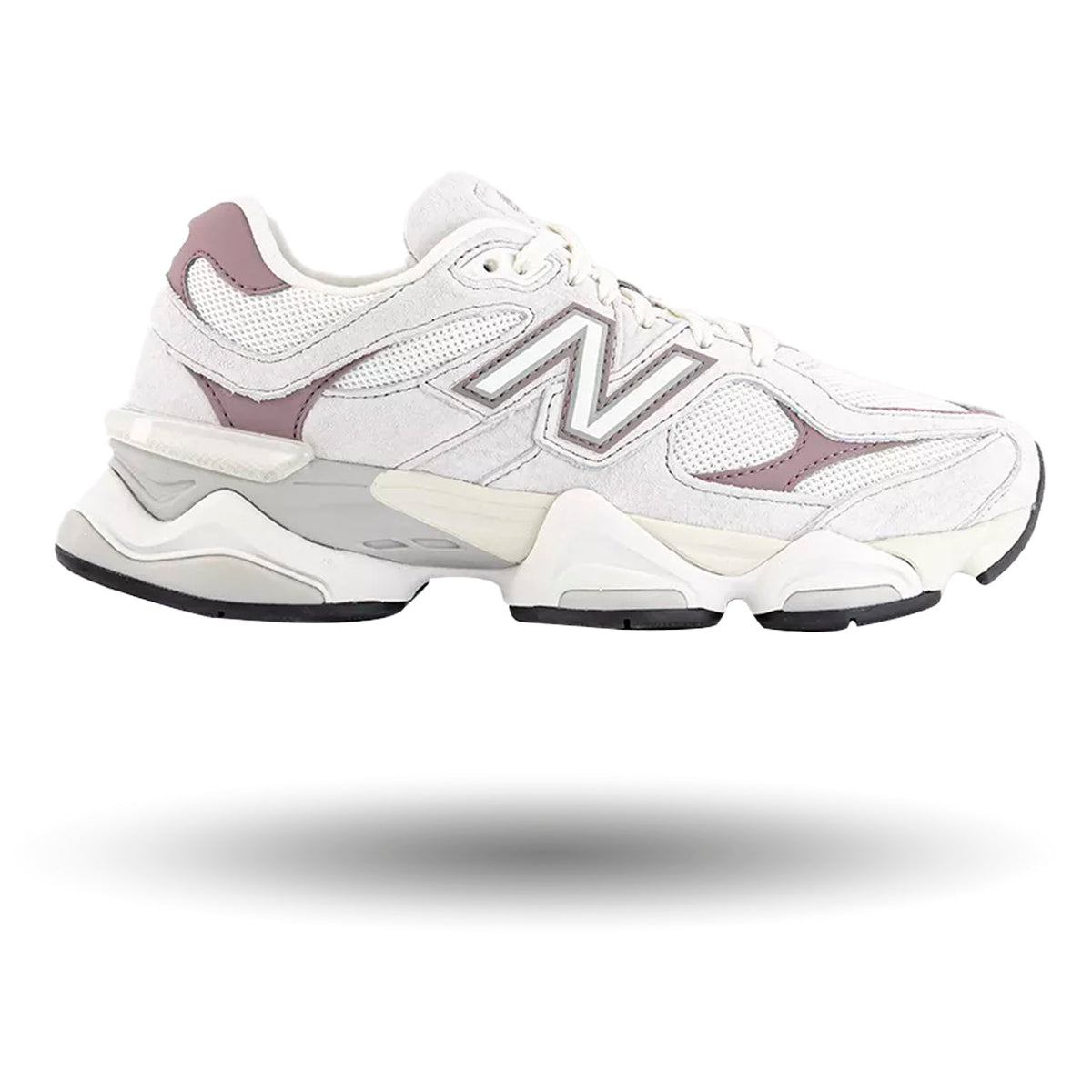 White and gray sneakers with New Balance logo on a white background