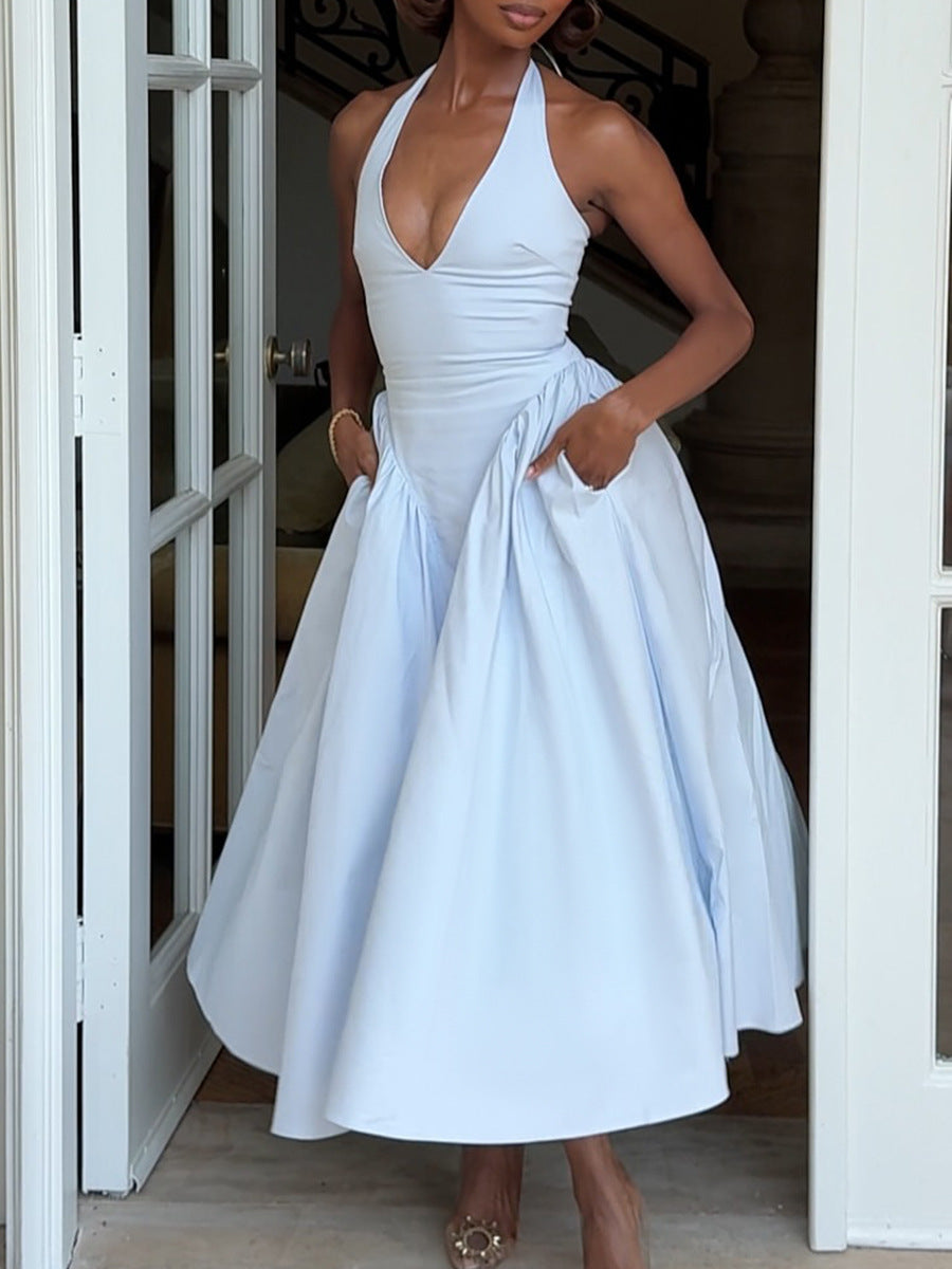 Women's Deep V Halter Backless Midi Dress for Summer Party