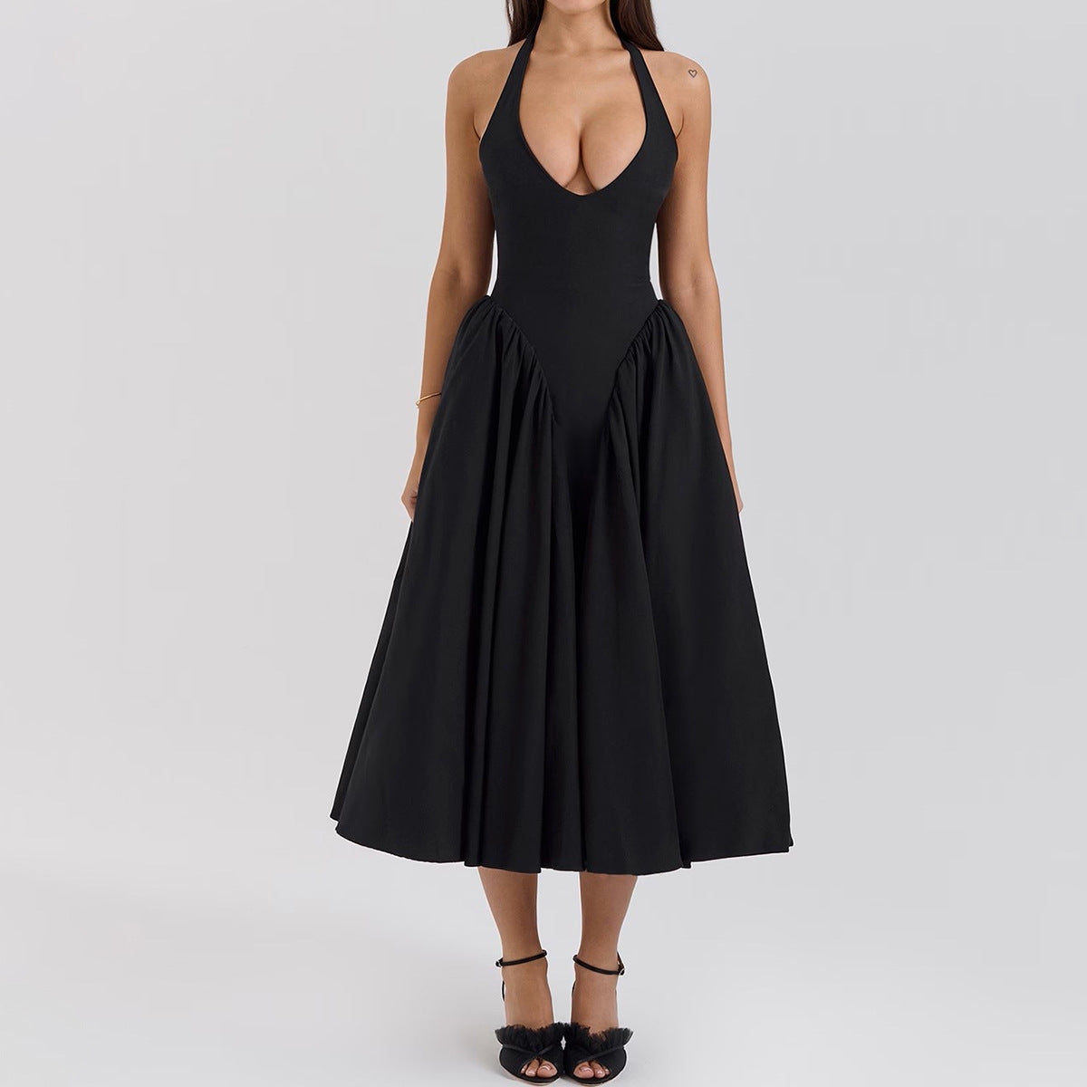Women's Deep V Halter Backless Midi Dress for Summer Party