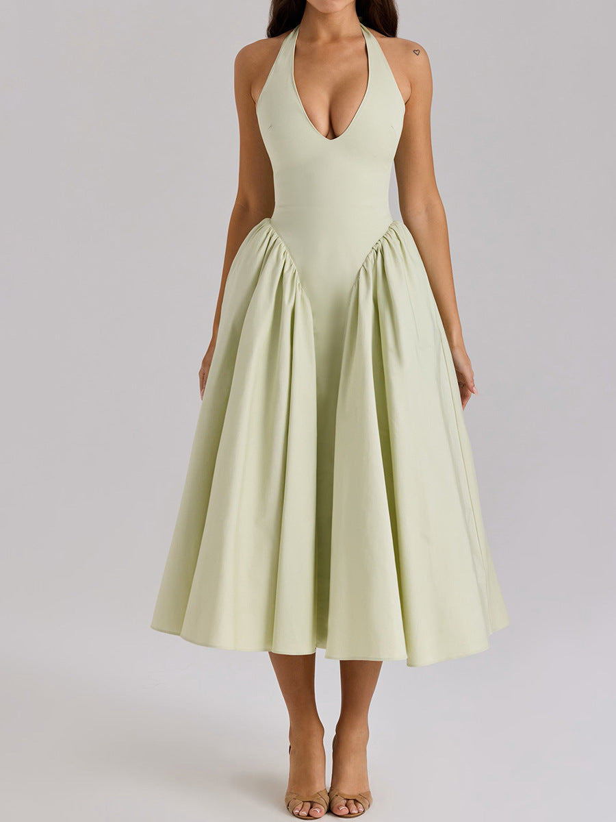 Women's Deep V Halter Backless Midi Dress for Summer Party