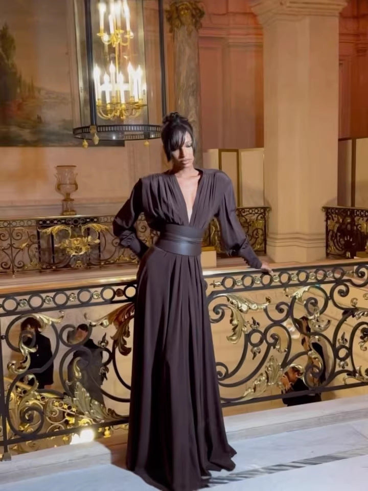 Women's Elegant Waist-Cinching Maxi Dress for Dinner Party and Casual Outing