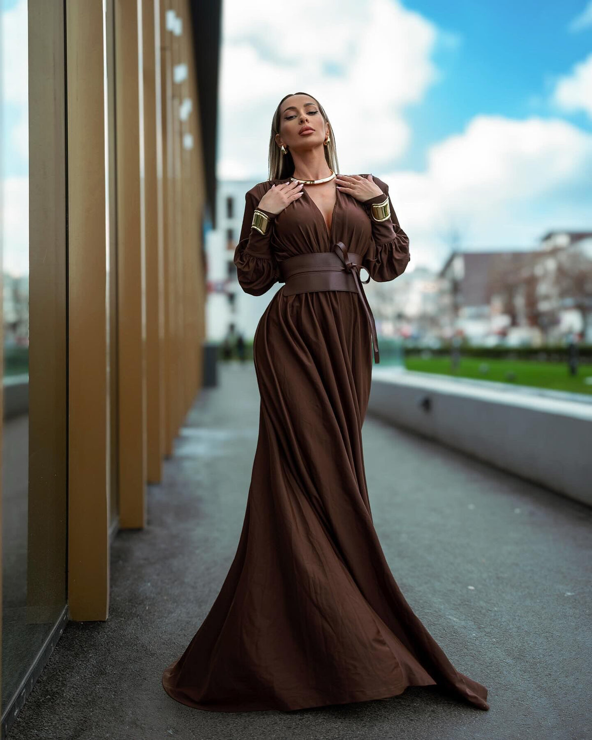 Women's Elegant Waist-Cinching Maxi Dress for Dinner Party and Casual Outing