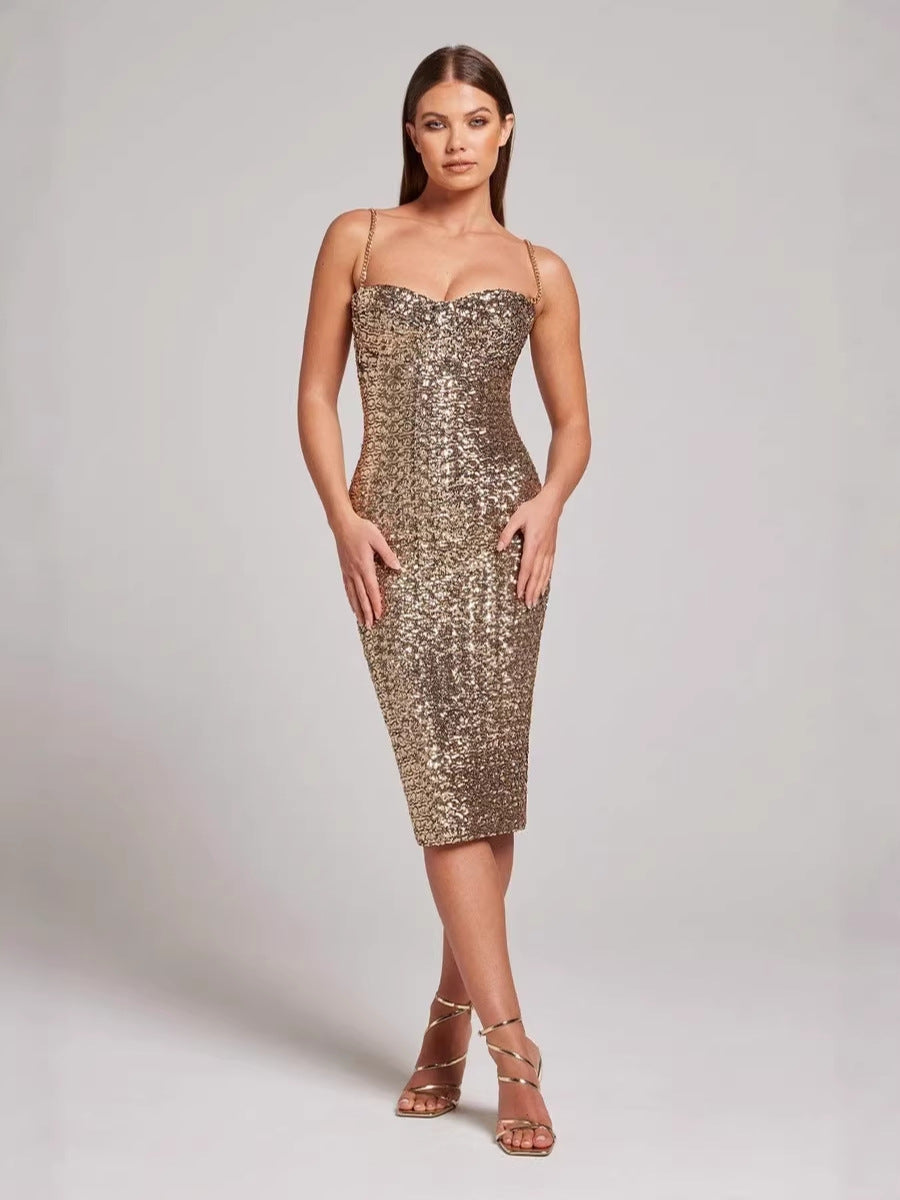 Women's Luxury Gold Sequin Strapless Midi Evening Dress for Speacial Occasion