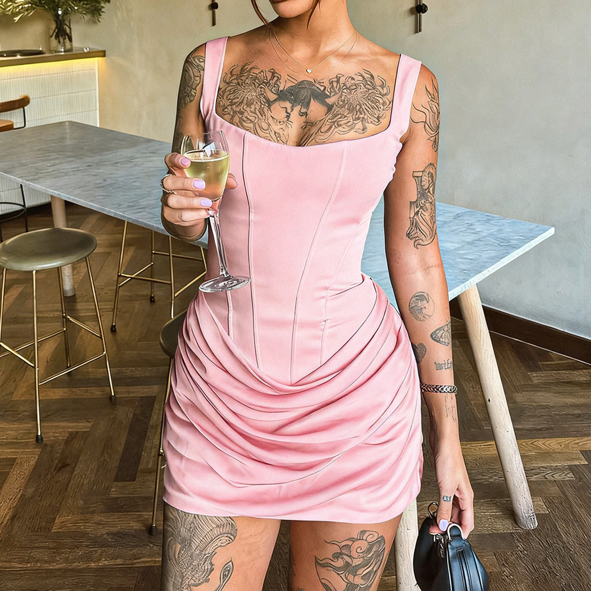 Women's Square Neck Bodycon Mini Dress for Party and Outing