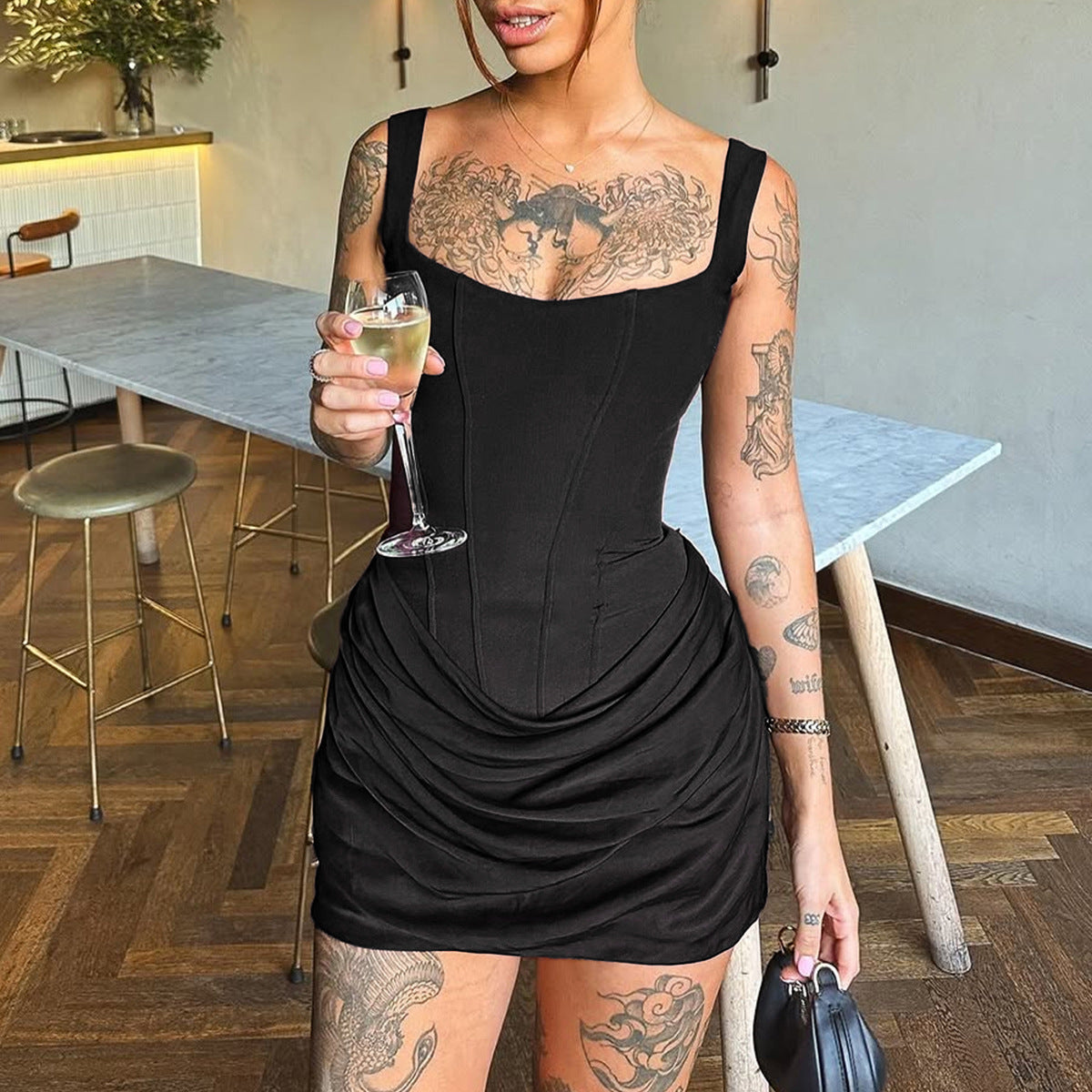 Women's Square Neck Bodycon Mini Dress for Party and Outing