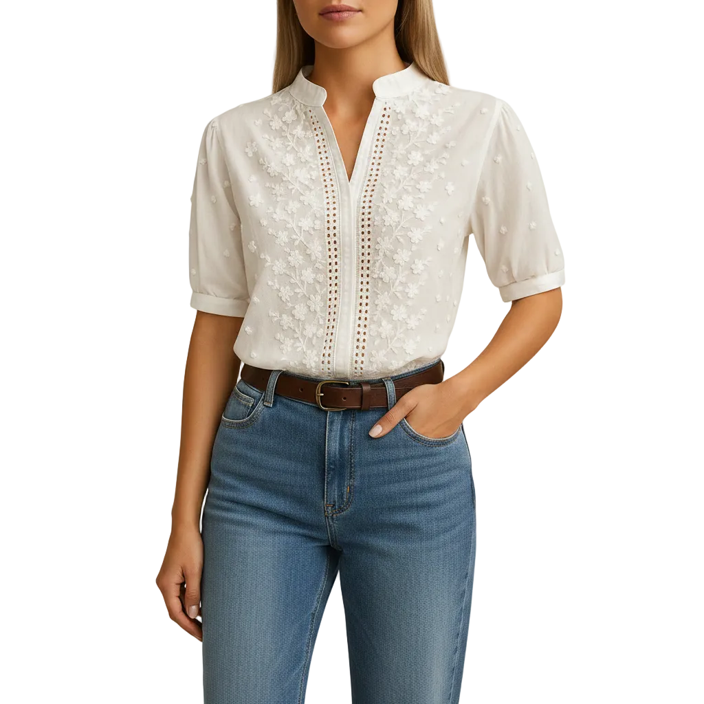 Back view of Amelia white elegant blouse