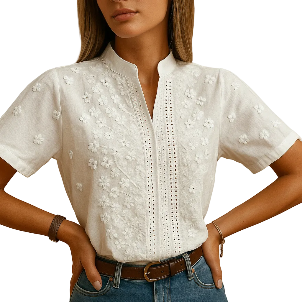 Side profile of Amelia white button blouse