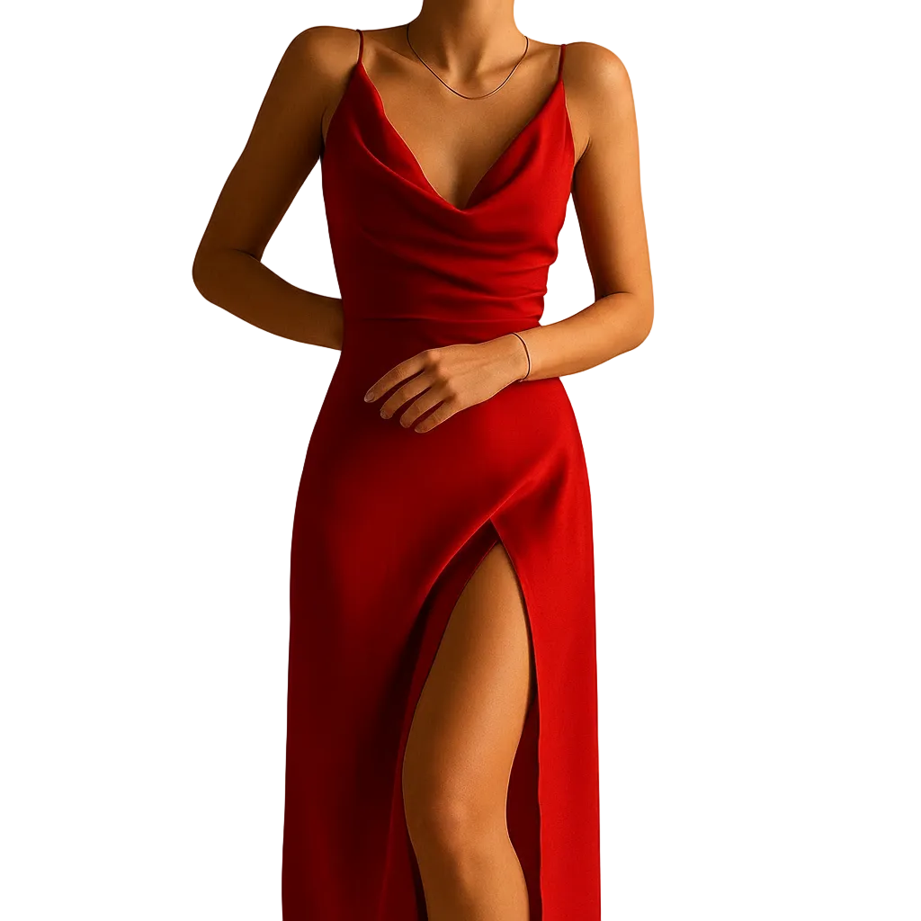 Side profile of Clara V neck maxi dress