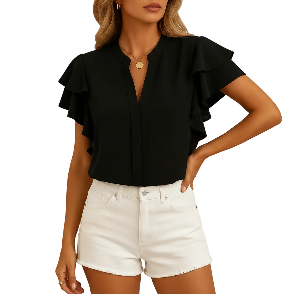 Side profile of Clara elegant sleeveless blouse