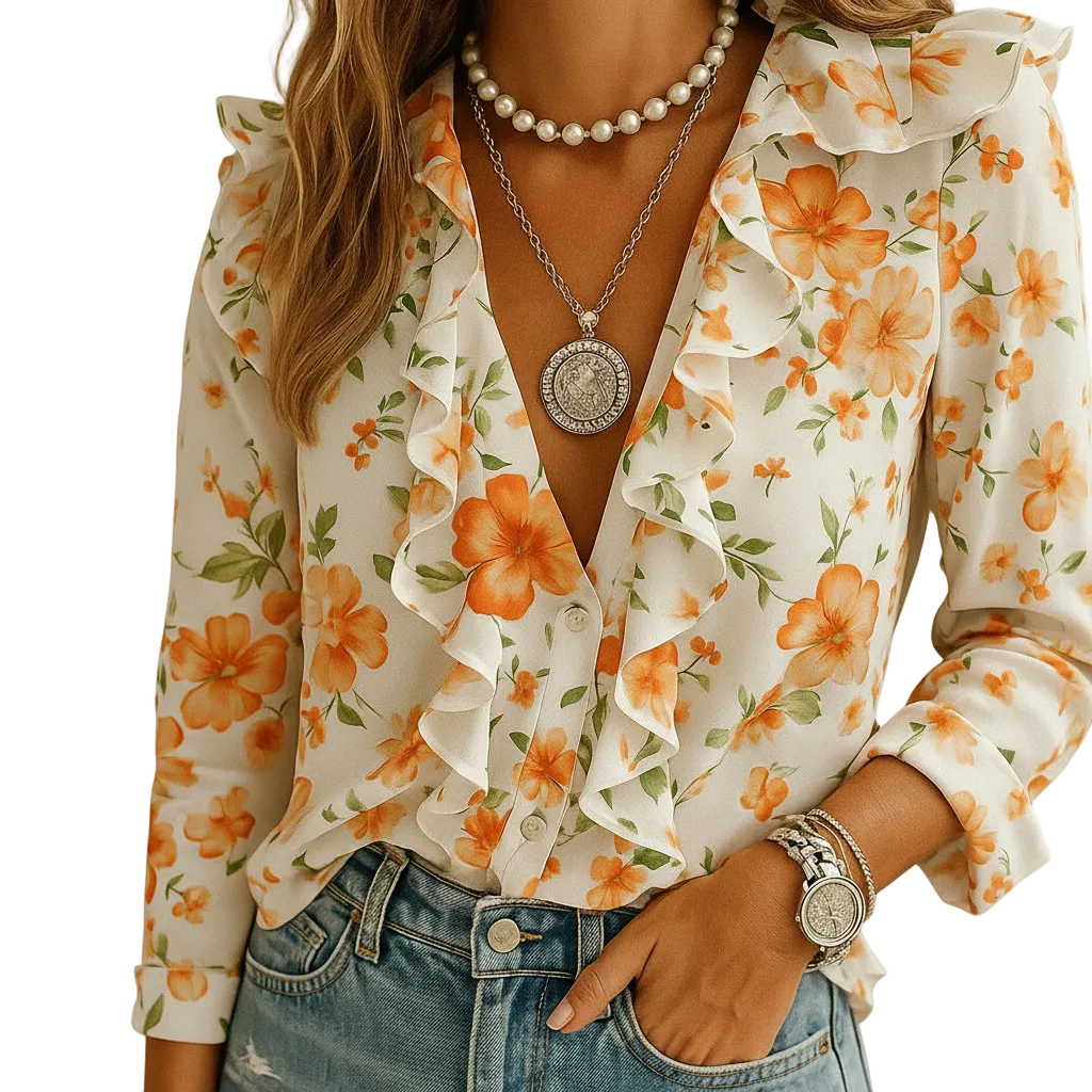 Hazel ruffled butterfly print blouse for women front view